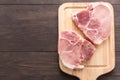 Top view raw pork chop steak on wooden background Royalty Free Stock Photo