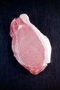 Top view raw pork loin steak on stone background