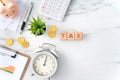 Top view of calculating and paying tax concept on marble white table Royalty Free Stock Photo