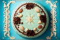 Top View of Realistic Cake With Beautiful Icing Blue Background. 3D