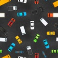 Top view of realistic glossy cars on asphalt, seamless pattern Royalty Free Stock Photo