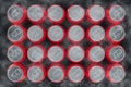 Top view realistic mock up aluminum red can group,clod and droplet condensation,on black background,beverage,water,energy drink, Royalty Free Stock Photo