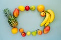 Top view rectangle frame made with different fruits on light green background. Healthy diet, exotic fruit. summer food