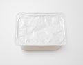 Top view of rectangular aluminum foil cover food tray on gray