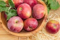 Top view of red apples in vintage wooden fruit bowl Royalty Free Stock Photo