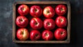Top View Of Red Apples In Wooden Tray On Dark Stone Table Royalty Free Stock Photo