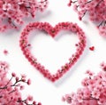 Top view red background with happy herat cherry blossom arrangement on blank paper with light background Royalty Free Stock Photo