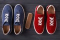 Top view of red and blue casual unisex suede sneakers with cleaning brush Royalty Free Stock Photo