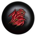 Top view red chili pepper in black bowl isolated on white background with clipping path Royalty Free Stock Photo