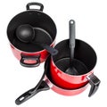 Top view of red cooking pans and pots Royalty Free Stock Photo