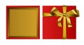 Top view red empty square gift open box with golden ribbon and bow isolated on white background Royalty Free Stock Photo