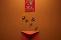 Top view of red envelope, golden chinese decorations and hieroglyph