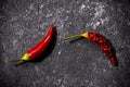 Top view of red fresh and dried small chili peppers on black stone background. the concept of penis, potency and impotence, drugs Royalty Free Stock Photo