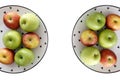 Top view of Red and green apples in white plate with black triangles pattern on the left and right side with white background Royalty Free Stock Photo