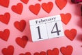 Top view of red Hearts and calendar on pink background Royalty Free Stock Photo