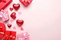 Top view of red hearts and pink and red gifts with ribbons bows.Valentine\'s Day banner with space for your own content.