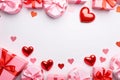 Top view of red hearts and pink and red gifts with ribbons bows.Valentine\'s Day banner with space for your own content.