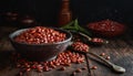 Top view of red legumes on a dark wooden kitchen table. Healthy food concept and detox or vegan menu. World Pulses Day. Copy Space