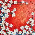 And a top view of the red mosaic decorated with white cherry blossoms. A place for its own content. Flowering flowers, a symbol of Royalty Free Stock Photo