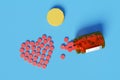 Top view of red pills spilling out of pill bottle forming a heart isolated on blue background. 3d illustration Royalty Free Stock Photo