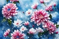 a top view of red and white flowers over snowy abstract background with falling snow in winter Royalty Free Stock Photo