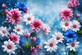 a top view of red and white flowers over snowy abstract background with falling snow in winter Royalty Free Stock Photo