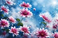 a top view of red and white flowers over snowy abstract background with falling snow in winter Royalty Free Stock Photo