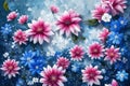 a top view of red and white flowers over snowy abstract background with falling snow in winter Royalty Free Stock Photo