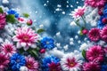 a top view of red and white flowers over snowy abstract background with falling snow in winter Royalty Free Stock Photo