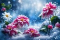 a top view of red and white flowers over snowy abstract background with falling snow in winter Royalty Free Stock Photo