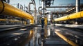 Top view of refinery worker walking by gas pipes, checking gasoline supply and installations in production plant. Generative AI