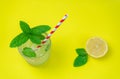 Top view of refreshing mojito cocktail with green fresh lemon and mint isolated on yellow background.Summer tropical studio shot, Royalty Free Stock Photo