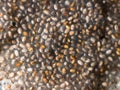 Top view on rehydrated chia seeds Salvia hispanica forming natural gel. Super and healthy food at it`s simplest form