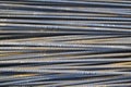 top view of the reinforcing steel bar stack close-up, rebar for