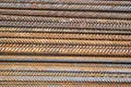 top view of the reinforcing steel bar stack close-up, rebar for