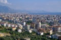 Top view of the residential areas of the city, the chain of hotels and the seaside resort town on a sunny day