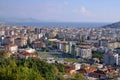 Top view of the residential areas of the city, the chain of hotels and the seaside resort town on a sunny day