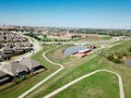 Top view residential neighborhood brand new houses near grassy park and elementary school district in Irving, Texas, USA Royalty Free Stock Photo
