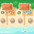 Top view on the resort, the bungalows, the beach and the sea. Summer vacation. Flat design background