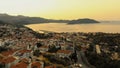 Top view of resort city architecture, sea bay and mountains. Royalty Free Stock Photo