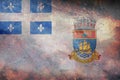Top view of retro flag Quebec City 1967 1987 Canada with grunge texture. Canadian patriot and travel concept. no flagpole. Plane