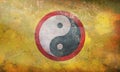 Top view of retro flag of Yinyang ren with grunge texture, no flagpole. Plane design, layout. Flag background. Freedom and love