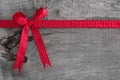 Top view of ribbon decoration on wooden background for christmas