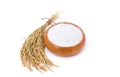 Top view of rice flour Wheat in a wooden bowl and ears of rice isolated on a white background Royalty Free Stock Photo