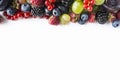 Top view. Ripe blueberries, blackberries, red currants, grapes, raspberries and plums Royalty Free Stock Photo