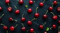 Top view of ripe red cherries trendy pattern. Black background. Food modern concept. Generative AI Royalty Free Stock Photo