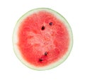 Top view of ripe red watermelon fruit in one half isolated on white background with clipping path Royalty Free Stock Photo