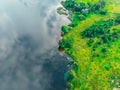 Top view of the river bank and green forest. Russia