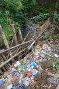 Top view of river full of trash and pollutant
