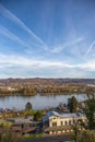 Top view at the river Rhine with the railway station Rolandseck in foreground